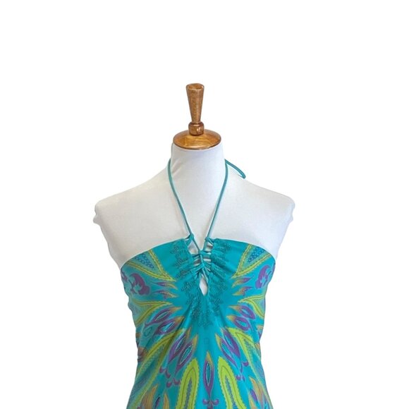 Kitty Printed Halter Dress Green Size L Y2K Retro Club Glam Night Out Party Boho - Picture 5 of 13